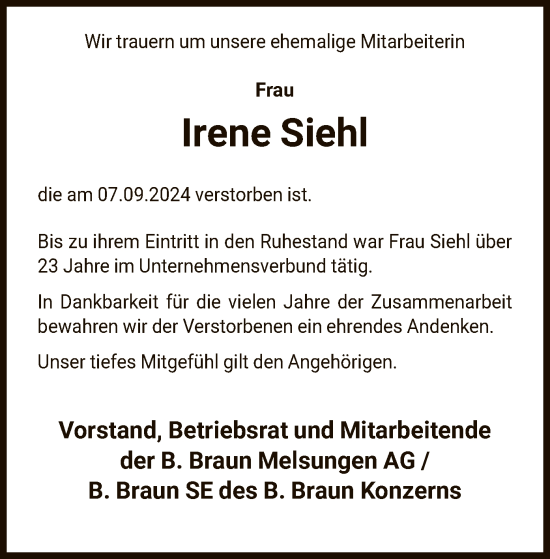 Traueranzeige von Irene Siehl von HNA