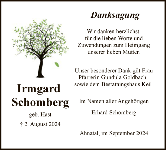 Traueranzeige von Irmgard Schomberg von HNA