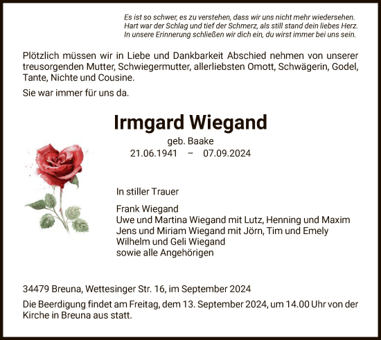 Traueranzeige von Irmgard Wiegand von HNAWLZ