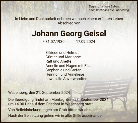 Traueranzeige von Johann Georg Geisel von HNA