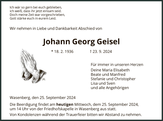 Traueranzeige von Johann Georg Geisel von HNA