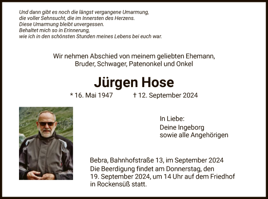 Traueranzeige von Jürgen Hose von HNAWRS