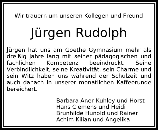 Traueranzeige von Jürgen Rudolph von HNA