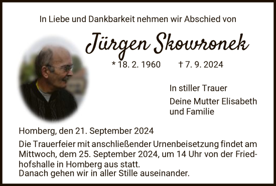 Traueranzeige von Jürgen Skowronek von HNA