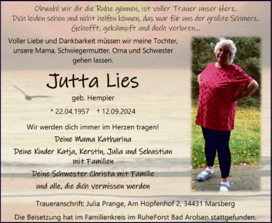 Traueranzeige von Jutta Lies von HNA