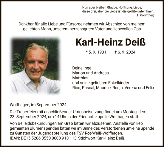 Traueranzeige von Karl-Heinz Deiß von HNAHNA