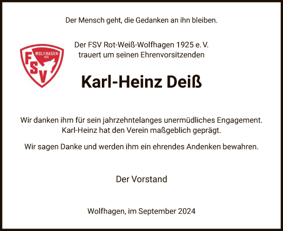 Traueranzeige von Karl-Heinz Deiß von HNA