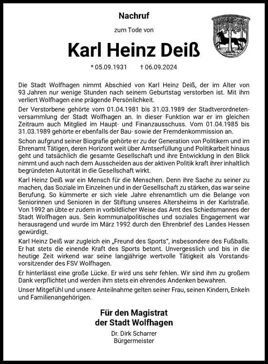 Traueranzeige von Karl Heinz Deiß von HNA