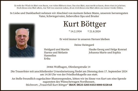 Traueranzeige von Kurt Böttger von HNAHNA