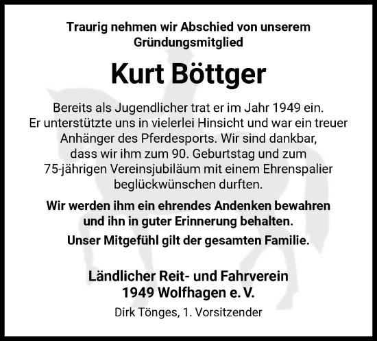 Traueranzeige von Kurt Böttger von HNA