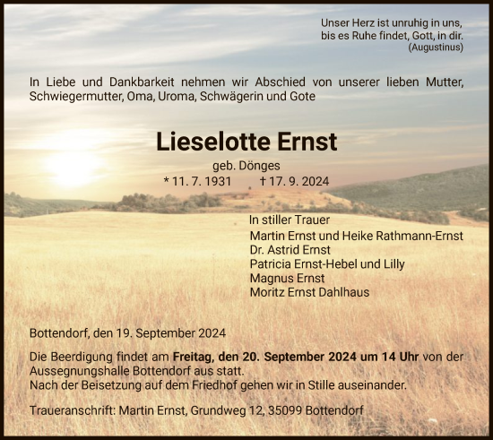 Traueranzeige von Lieselotte Ernst von HNA