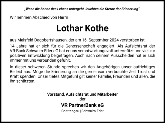 Traueranzeige von Lothar Kothe von HNA