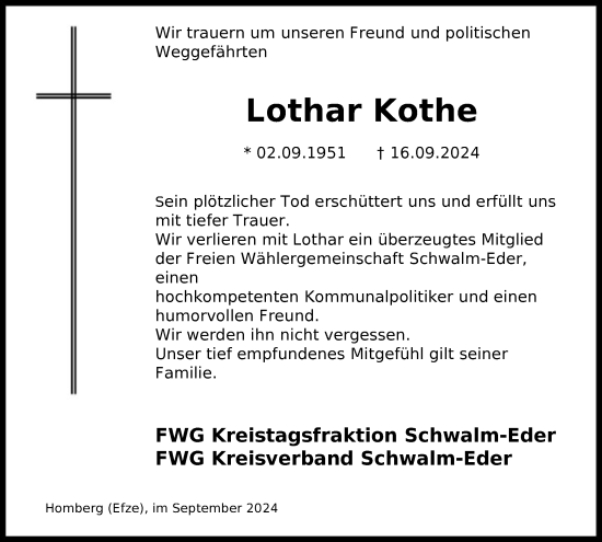 Traueranzeige von Lothar Kothe von HNAHNAHNA