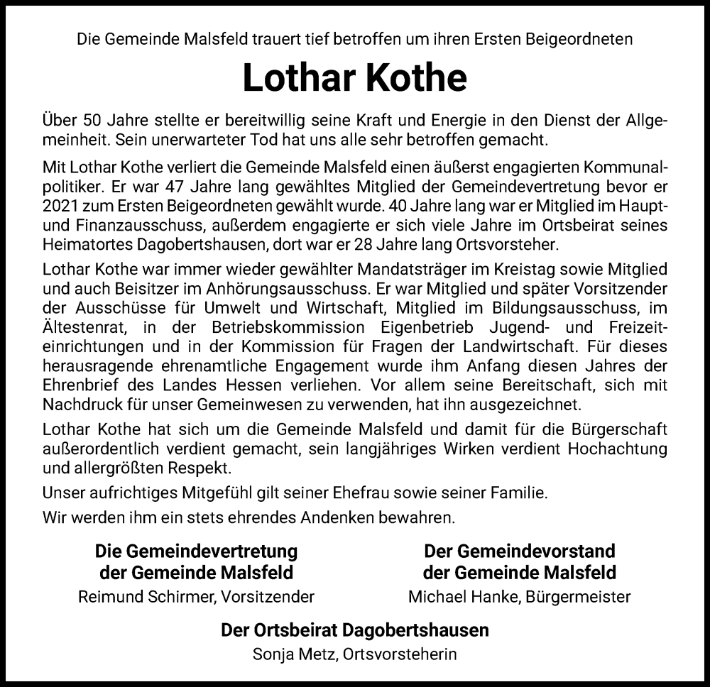  Traueranzeige für Lothar Kothe vom 23.09.2024 aus HNA