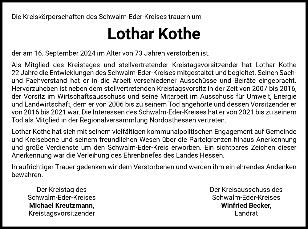  Traueranzeige für Lothar Kothe vom 23.09.2024 aus HNA