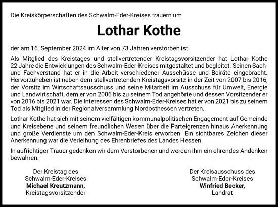 Traueranzeige von Lothar Kothe von HNA