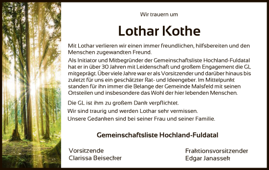 Traueranzeige von Lothar Rothe von HNA