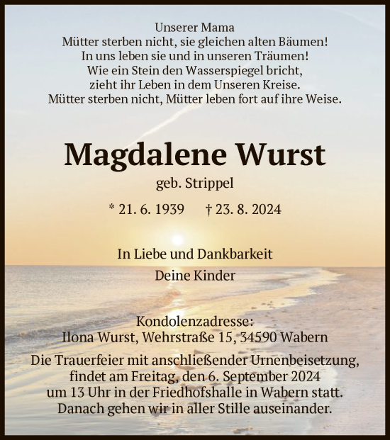 Traueranzeige von Magdalene Wurst von HNA