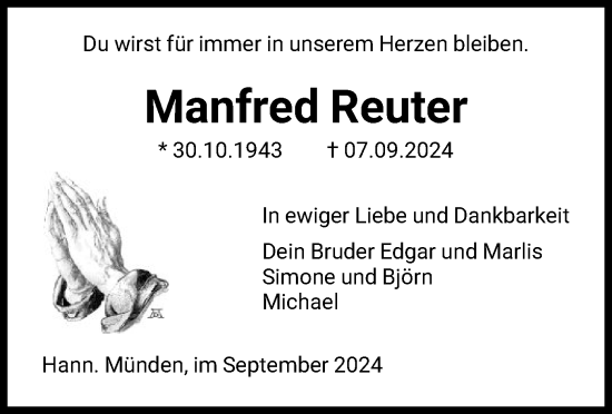 Traueranzeige von Manfred Reuter von HNA