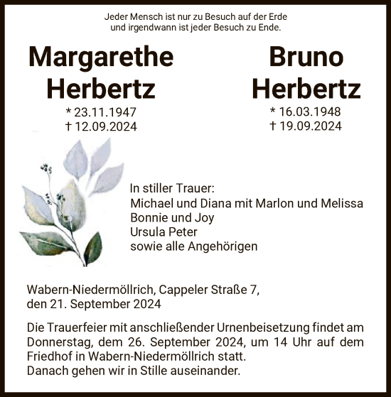 Traueranzeige von Margarethe umd Bruno Herbertz von HNAHNA
