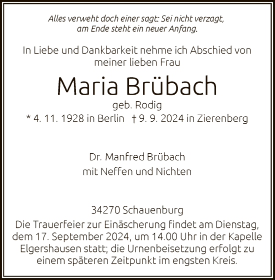 Traueranzeige von Maria Brübach von HNA