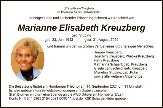 Traueranzeige von Marianne Elisabeth Kreuzberg von HNA