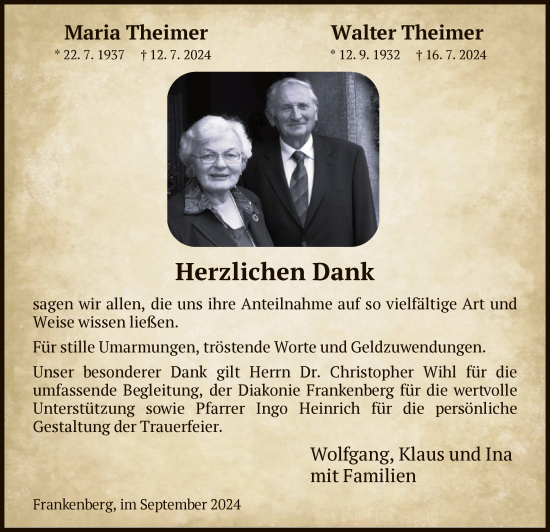 Traueranzeige von Maria und Walter Theimer von HNA