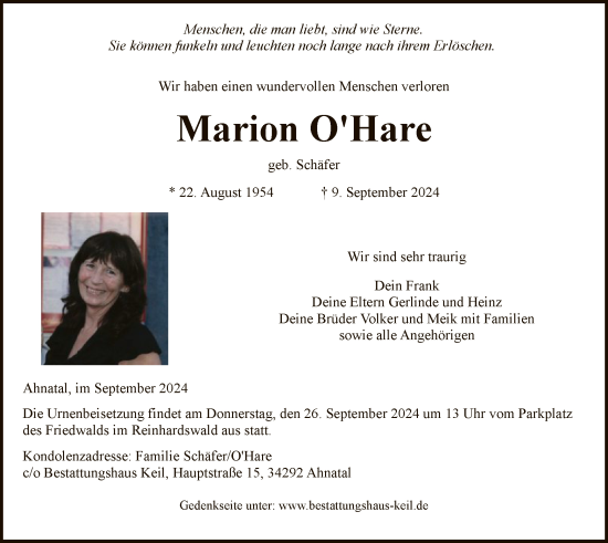 Traueranzeige von Marion OHare von HNA