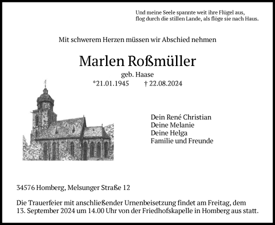 Traueranzeige von Marlen Roßmüller von HNA