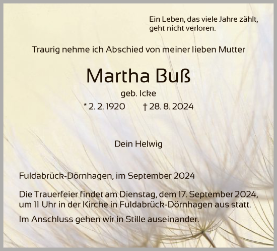 Traueranzeige von Martha Buß von HNA