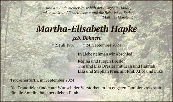 Traueranzeige von Martha-Elisabeth Hapke von HNA