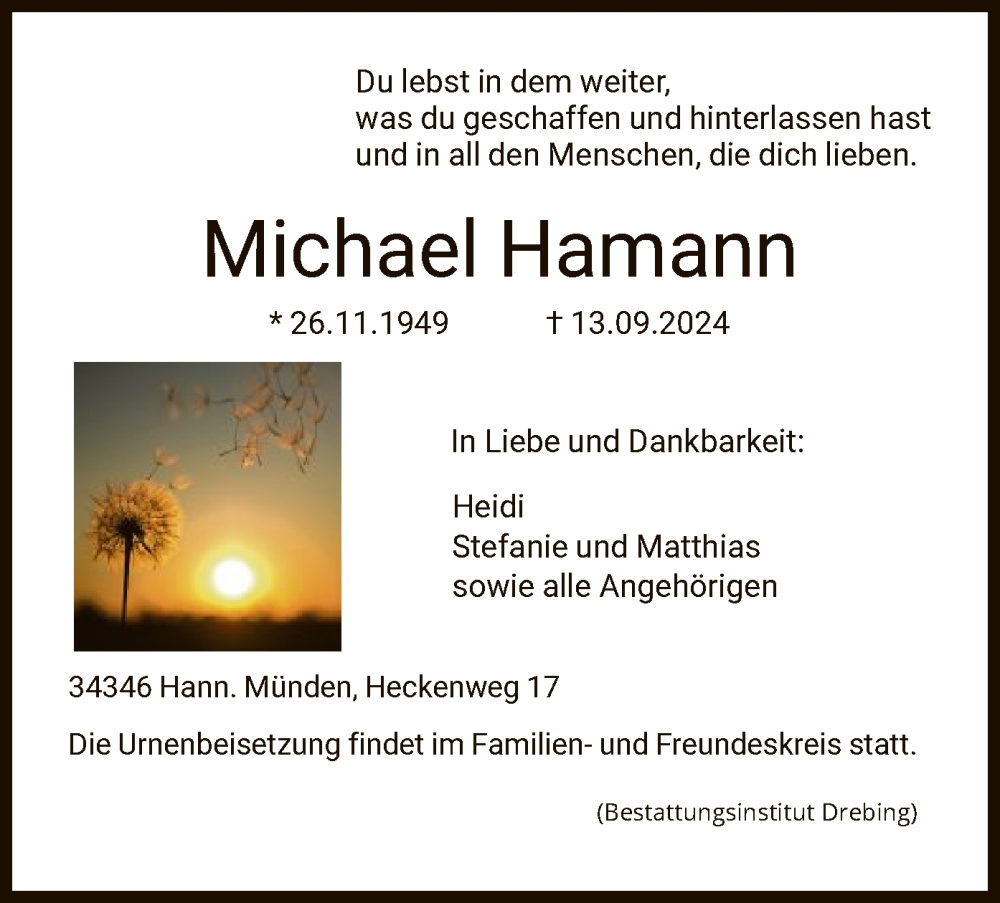  Traueranzeige für Michael Hamann vom 28.09.2024 aus HNA