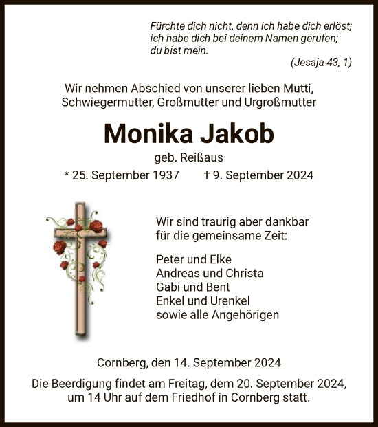 Traueranzeige von Monika Jakob von HNAHNA