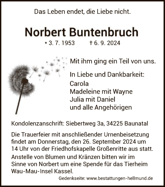 Traueranzeige von Norbert Buntenbruch von HNA