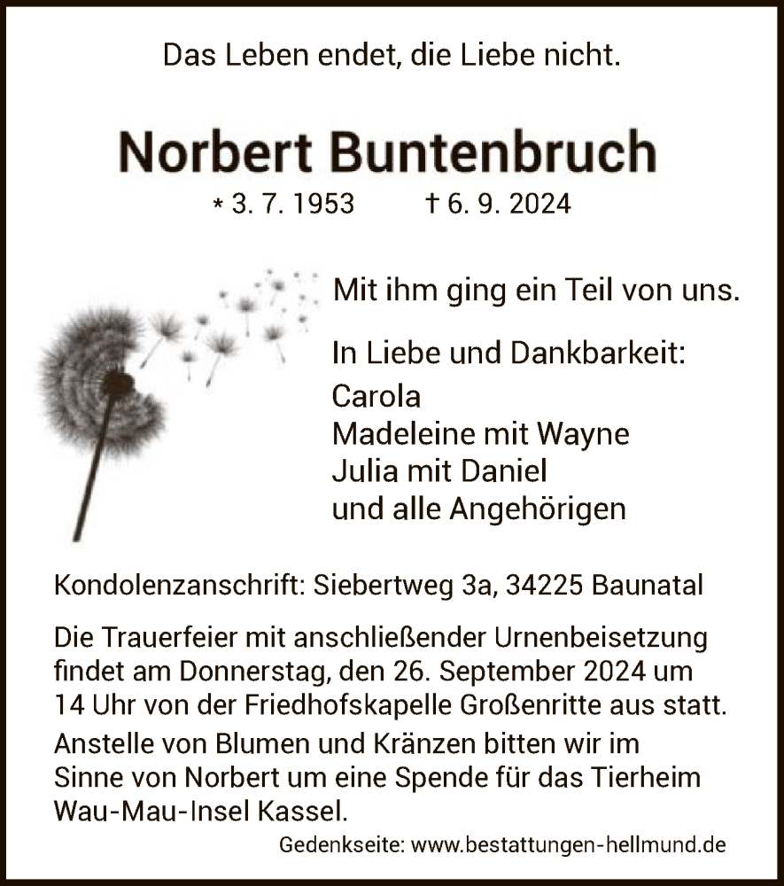  Traueranzeige für Norbert Buntenbruch vom 14.09.2024 aus HNA