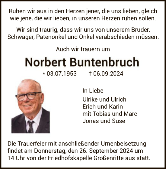 Traueranzeige von Norbert Buntenbruch von HNA