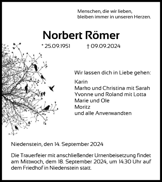 Traueranzeige von Norbert Römer von HNA