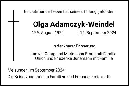 Traueranzeige von Olga Adamczyk-Weindel von HNA