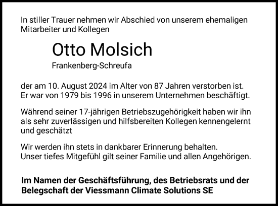 Traueranzeige von Otto Molsich von HNA