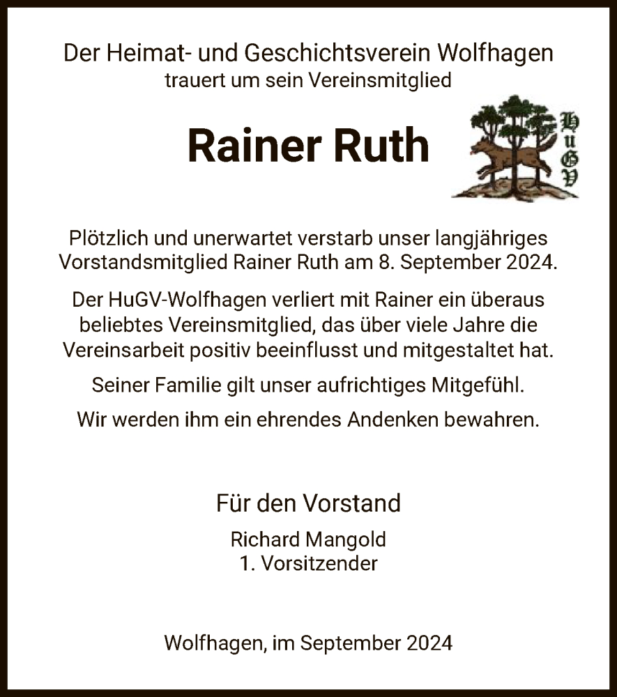  Traueranzeige für Rainer Ruth vom 24.09.2024 aus HNA