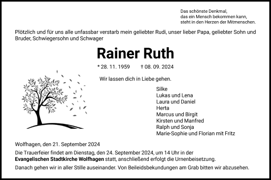 Traueranzeige von Rainer Ruth von HNA