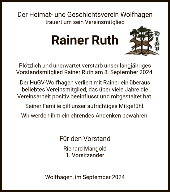 Traueranzeige von Rainer Ruth von HNA