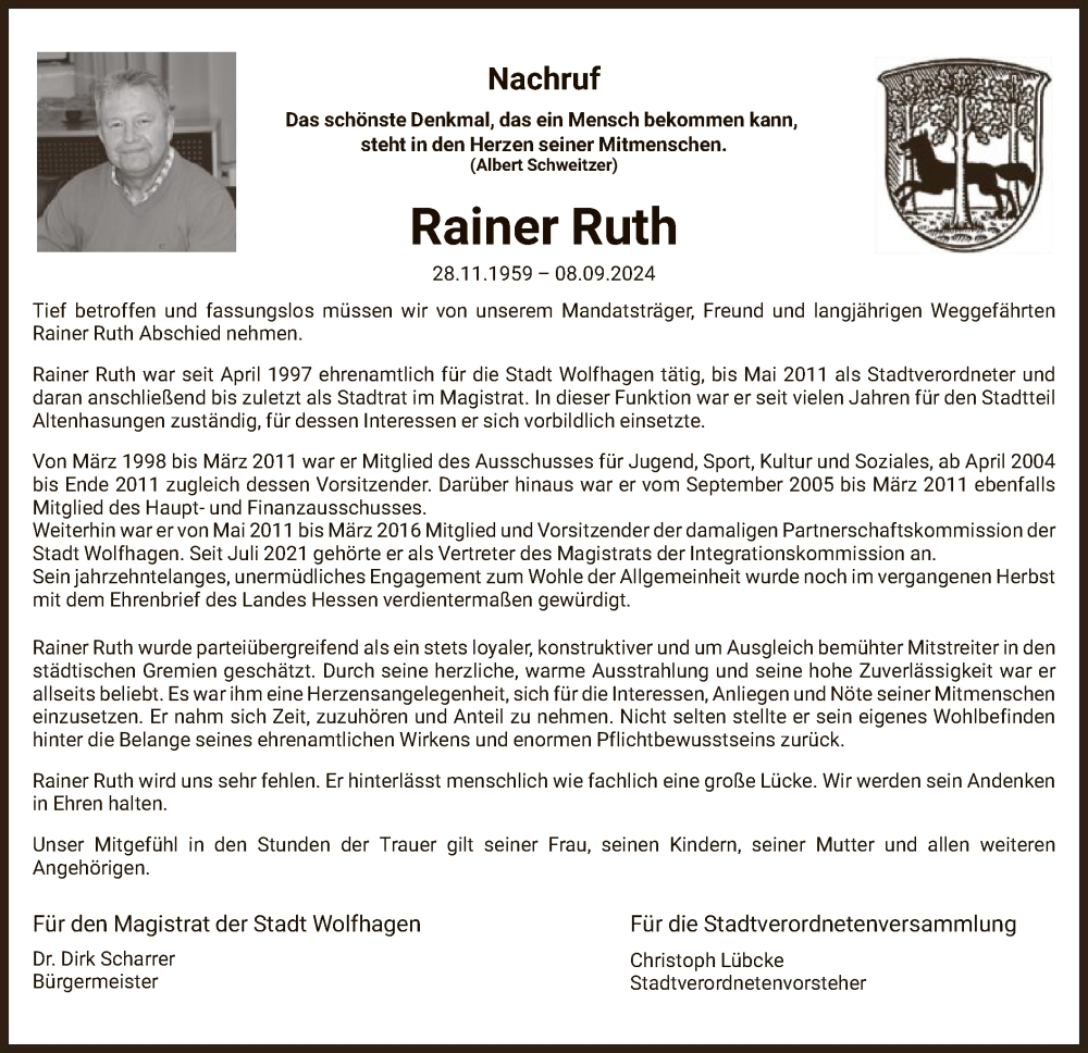  Traueranzeige für Rainer Ruth vom 21.09.2024 aus HNA