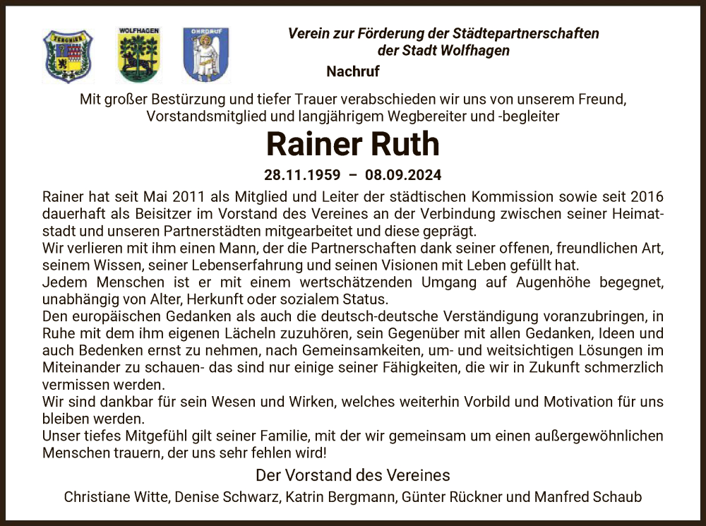  Traueranzeige für Rainer Ruth vom 21.09.2024 aus HNA