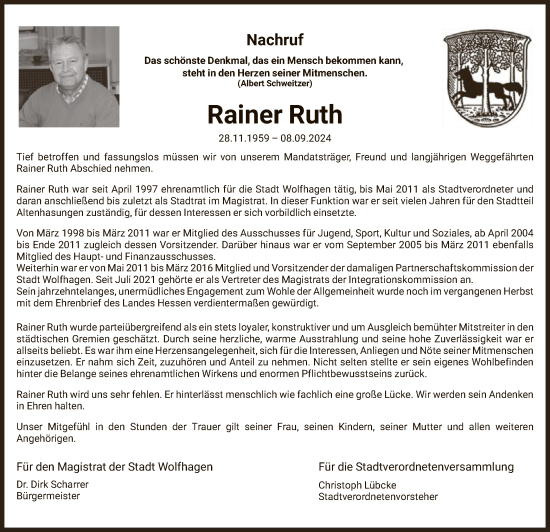 Traueranzeige von Rainer Ruth von HNA