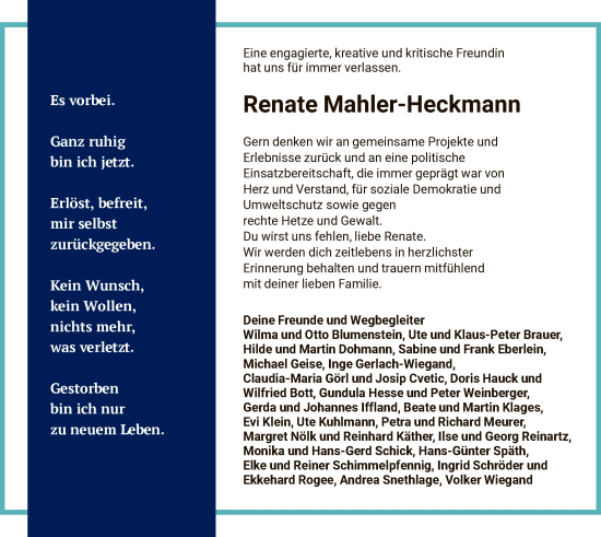 Traueranzeige von Renate Mahler-Heckmann von HNA