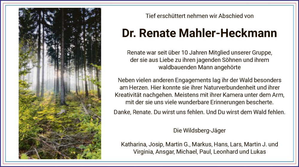  Traueranzeige für Renate Mahler-Heckmann vom 28.09.2024 aus HNA