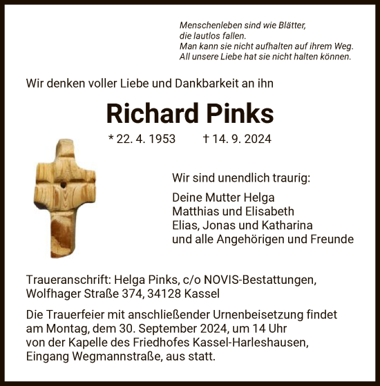 Traueranzeige von Richard Pinks von HNA