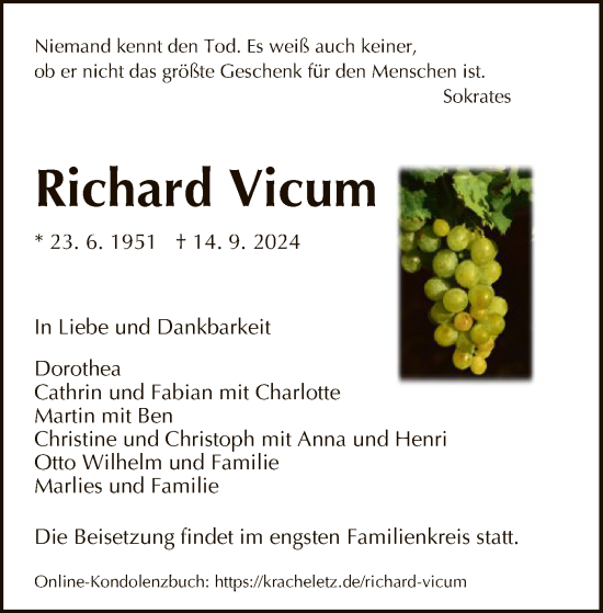 Traueranzeige von Richard Vicum von HNA