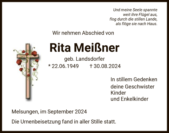 Traueranzeige von Rita Meißner von HNA